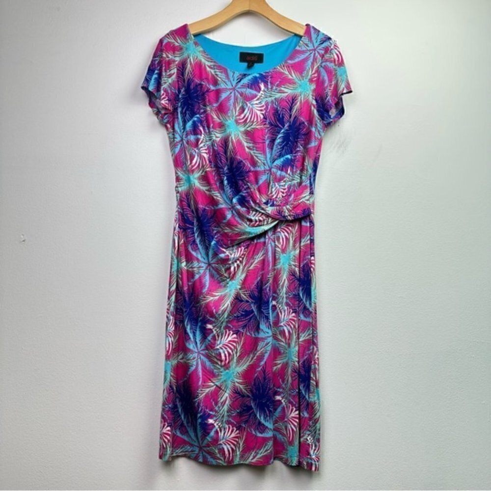 Aditi Beachy Palm Tree Printed Round Neck knotted Cap Sleeve Dress Size 12